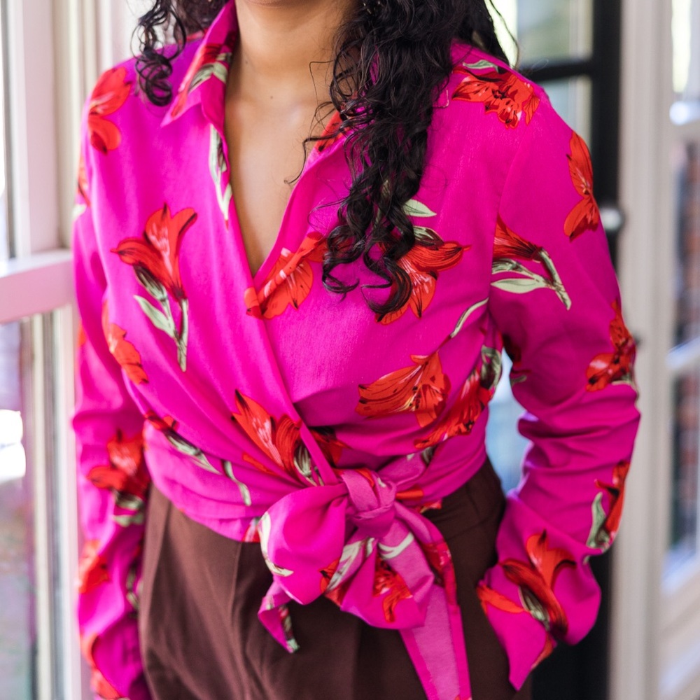 Silky floral pink wrap top from Missguided. US size 6